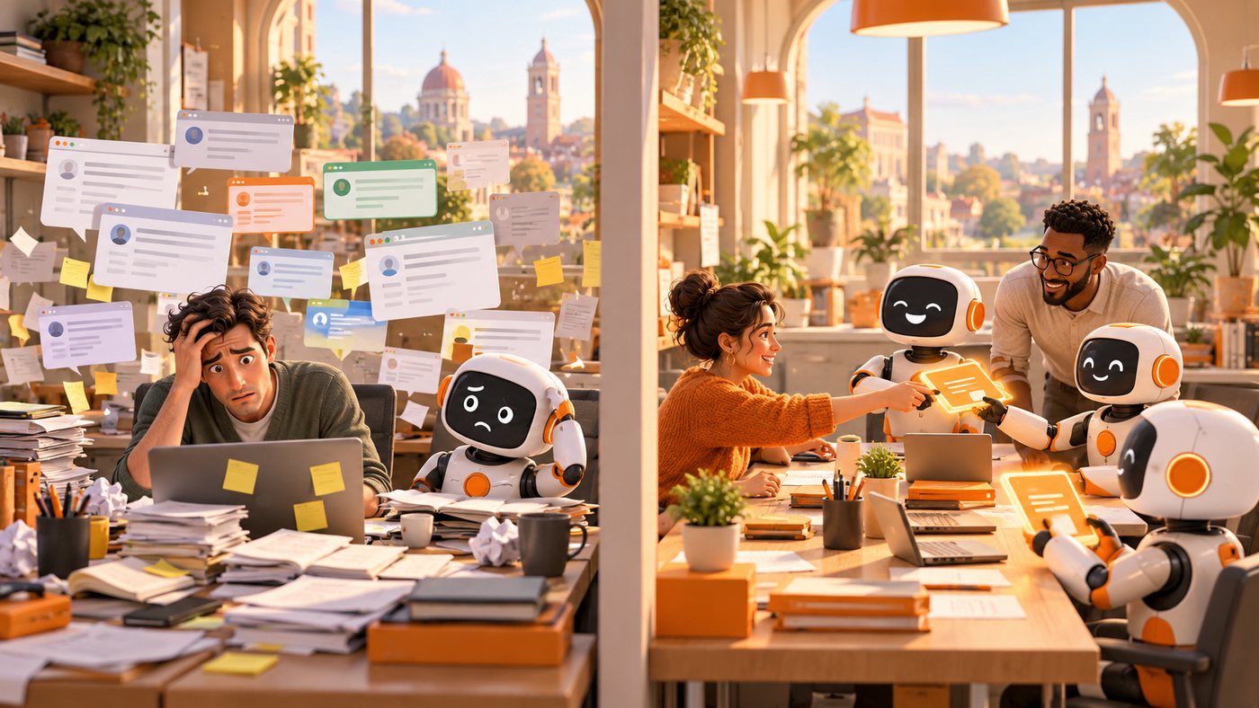 Da una parte un uomo sommerso da finestre di chat e appunti, dall'altra la stessa scrivania con persone e robot che lavorano insieme