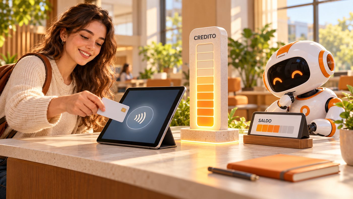 Una persona ricarica il credito del Campus con la carta, accanto al misuratore del saldo