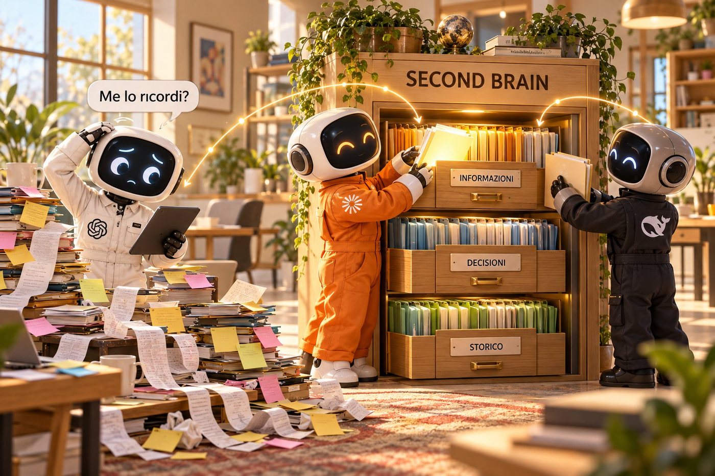 Un robot ordinato cerca nell'archivio Second Brain, accanto a uno con appunti sparsi